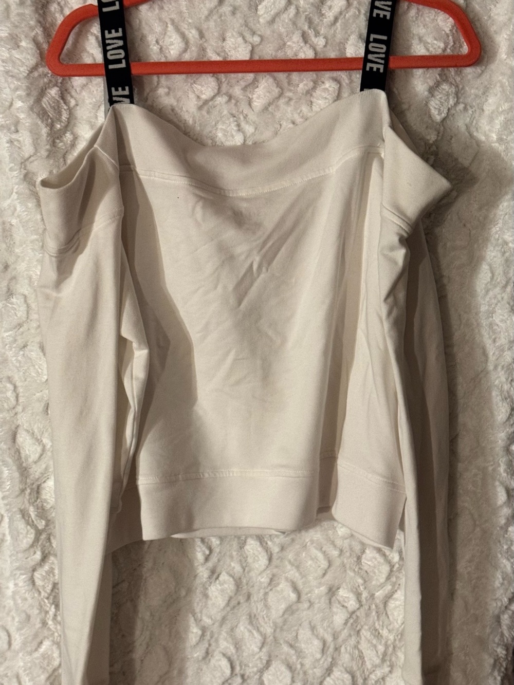 Love Off-Shoulder Cream Sweater with Black Branded Straps